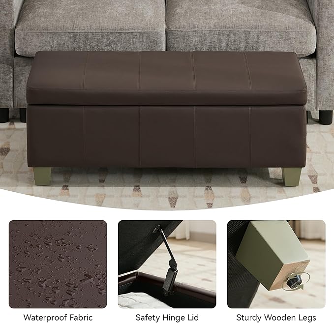 41" Faux Leather Storage Ottoman, Stitch Tufted Rectangle Upholstered End of Bed Storage Bench, Entryway Large Couch Ottoman with Wooden Legs,Brown