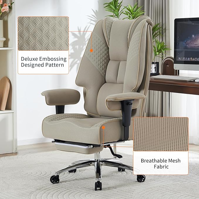 Big and Tall Office Chair 400lbs Wide Seat, Leather High Back Executive Office Chair with Lumbar Support, Ergonomic Chairs Padded Armrests & Thick Cushion (Mesh Beige)