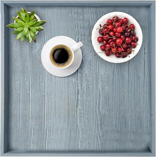 Wooden Ottoman Tray with Felt Pad – Decorative Couch Serving Tray Made with Real Rustic Reclaimed Wood - Perfect for Living Room Ottomans, Sofas, & Coffee Tables -18" x 18"- Slate Blue