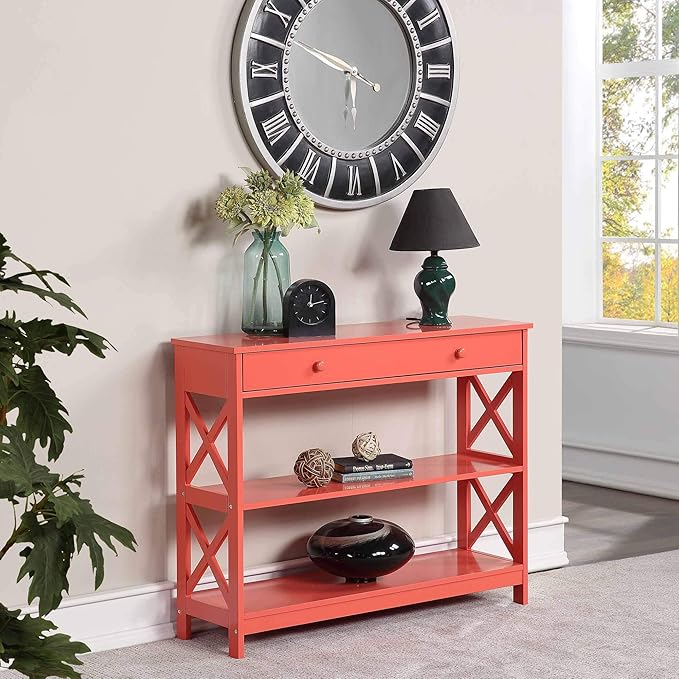 Convenience Concepts Oxford 1 Drawer Console Table with Shelves, Coral