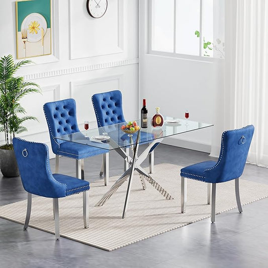 Goujxcy Glass Dining Table Set for 4, Modern Kitchen Table and Chairs Set of 4, 5-Piece Kitchen Dining Room Table Set w/51 Glass Metal Dining Table and 4 Blue Velvet Upholstered Chairs