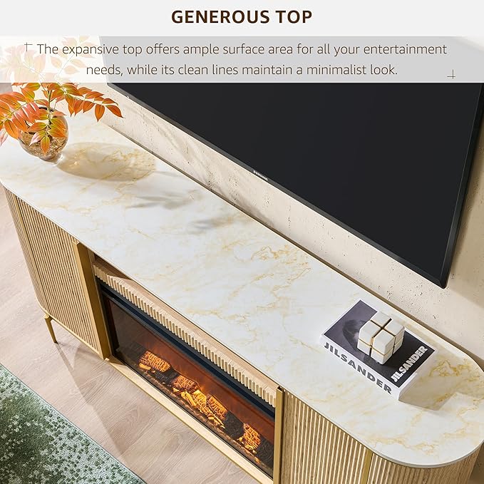 OKD Luxury 70" Fluted Fireplace TV Stand, Modern Chic Entertainment Center for TVs Up to 80 inches, TV Console with Faux Marble Top, Curved Profile Design, Media Console for Living Room, Natural Oak