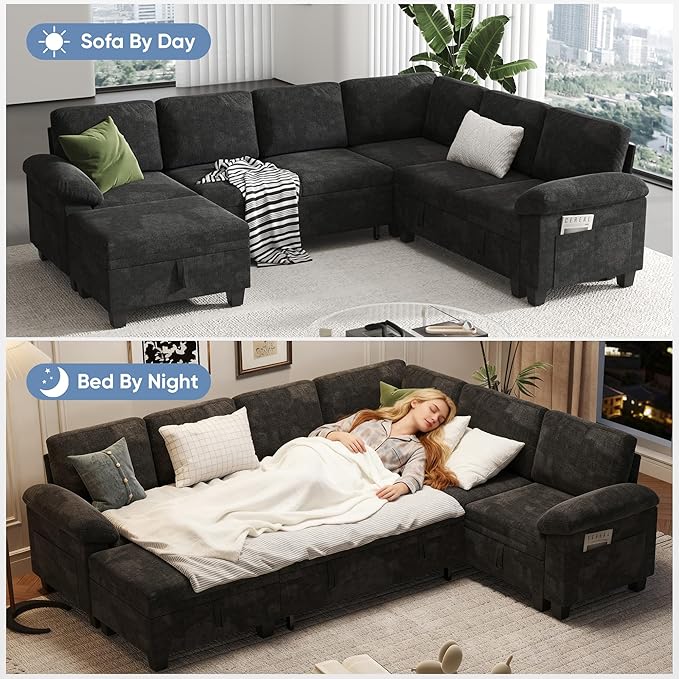 100" Modular Sectional Sleeper Sofa with Pull Out Bed,U Shaped 7 Seat Sectional Sofa with Storage,Modular Couch for Living Room,Deep Seat Couch with Removable Sofa Cover,Black