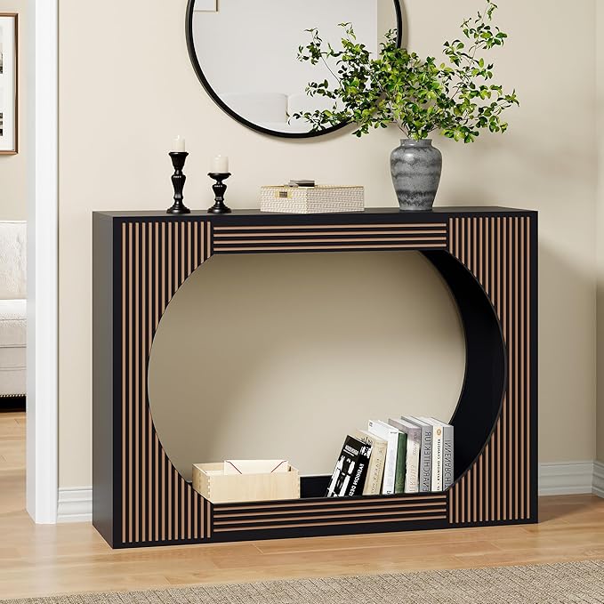 43.3" Console Table with Storage, 2-Tier Wooden Entryway Table with Carving Lines, Mid-Century Modern Accent Rectangular Sofa Table Behind Couch for Foyer, Entrance, Living Room, Hallway (Black)