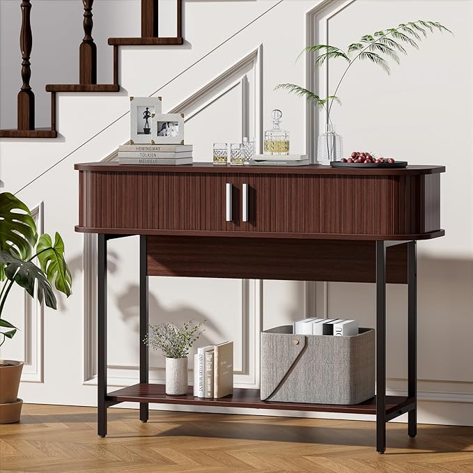 40" Mid Century Modern Entryway Table, Ultra Slim Fluted Console Table with Storage & Sliding Doors, Modern Round Corner Sofa Table, Wooden Entry Table for Living Room, Hallway, Walnut