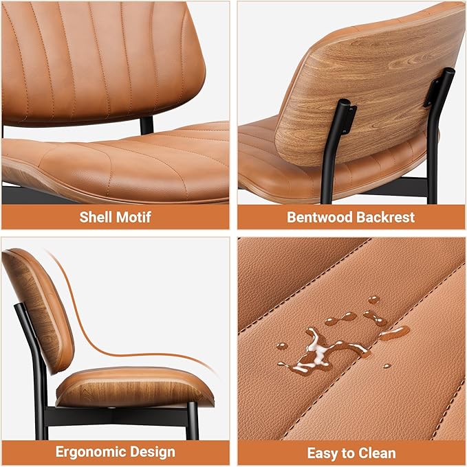 Dining Chairs Set of 6, Dining Room and Kitchen Chairs, Mid Century Modern Accent Chair, Upholstered PU Leather Chairs for Vanity with Walnut Bentwood and Metal Legs, Light Tan