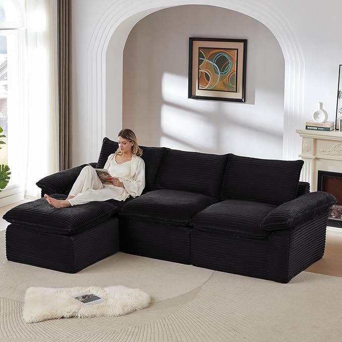 111" Cloud Sectional Couch with L-Shaped Chaise, Corduroy Sectional Sofa with Ottoman, Boneless Couch with Deep Seat in a Box for Living Room, No Assembly Required (Black)