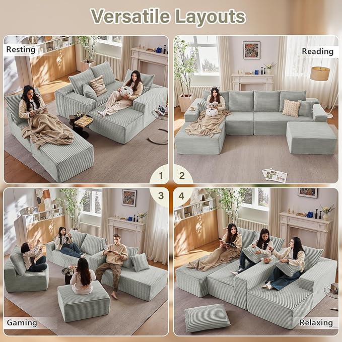 135" L-Shape Sofa with Ottoman, Modern Modular Sectional Comfy U-Shape Cloud Couch, Deep Seat, Upholstered Corduroy Sleeper Chaise Longue for Living Room Bedroom, No Assembly Required, Grey