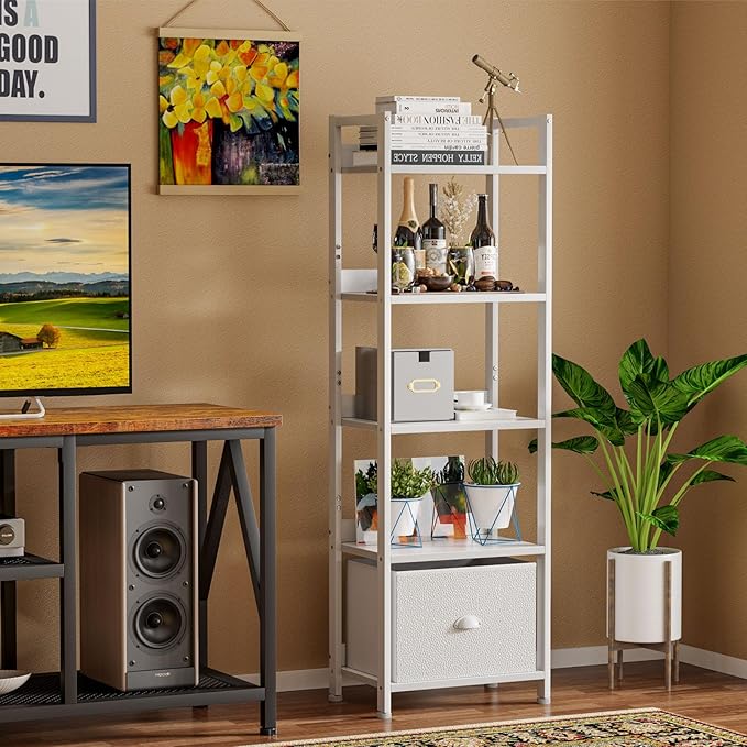 Furologee 5 Tier Bookshelf with Drawer, Tall Narrow Bookcase with Shelves, Wood and Metal Book Shelf Storage Organizer, Modern Display Standing Shelf Unit for Bedroom, Living Room, Office, White