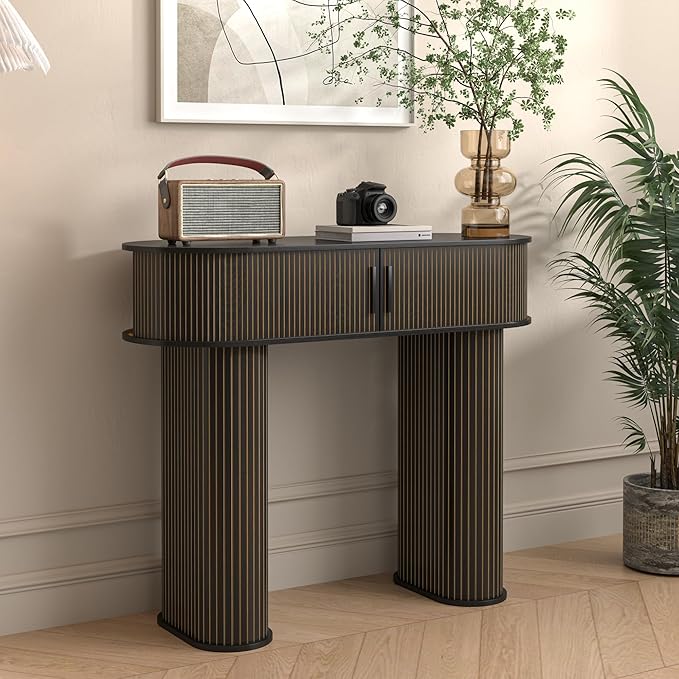Round Console Table, Mid Century Modern Console Table, Sofa Table, Narrow Entryway Table for Hallway Living Room (Black)