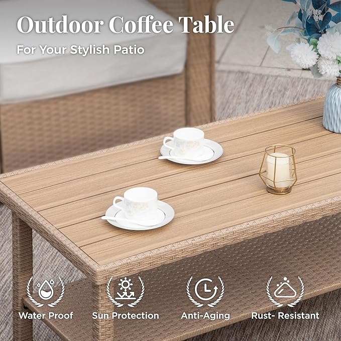 Patio Furniture Set 6 pcs, Wicker Outdoor Patio Furniture, 3-Seat Sofa, 2 Single Chairs, 2 Ottomans and Coffee Table, Rattan Patio Conversation Set for Backyard Deck, Beige