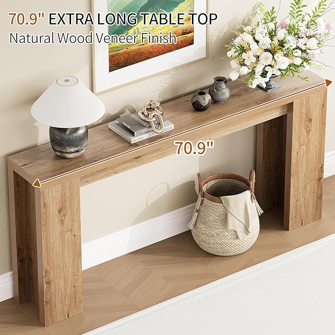 70.9 Inch Extra Long Console Table, Farmhouse Entryway Table with Thickened Base, Wood Sofa Table Behind Couch Table, Narrow Entryway Accent Table for Living Room, Hallway, Entrance, Foyer, Brown