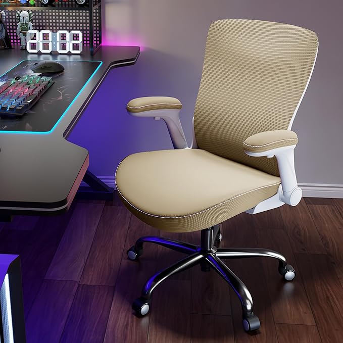 Office Home Ergonomic Desk Chair-Computer X-Shaped Chair Mesh PU Leather with Adjustable Lumbar Support-Executive Chair High Back Flip-Up Arms for Long Hours (Khaki-No Headrest)