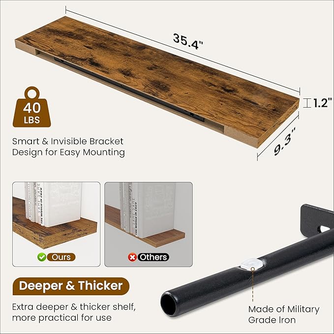 Fun Memories 36 Inch Floating Shelves, 9.3 Inch Deep Rustic Wall Shelves - Extra Deeper Wall Mounted Storage Shelves for Bathroom, Kitchen, Living Room (Brown, Set of 2)