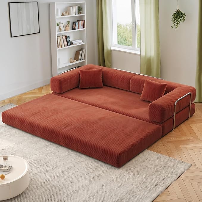 Antetek Convertible Futon Sofa Bed, 3-Seater Modern Corduroy Foam Floor King Size Bed Fold Out Sleeper Lounge Loveseat Sofa Couch with 2 Throw Pillows for Living Room Bedroom Guest Room, Tangerine