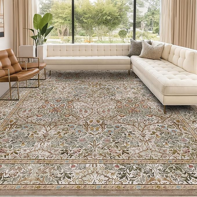 Washable 9x12 Living Room Rug - Moss Brown Floral Area Rug for Dining Room Under Table, Low Pile Non-Slip Floor Carpet for Bedroom Under Bed - Vintage Taupe Olive Design & Stain Resistance