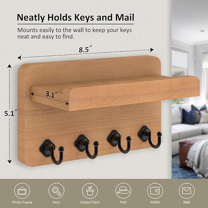 Nekon Key Holder Wall Mount, 8.5 Inch Small Home Decor Wooden Wall Organizer with 4 Hooks and Shelf, Key and Mail Holder for Living Room Entryway Kitchen (Wood)