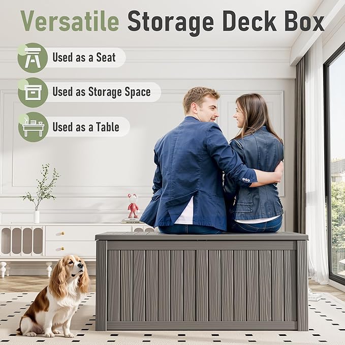 Outdoor Storage Box, Resin Deck Boxes Indoor and outdoor, Waterproof Storage Box Lockable Lid (Grey, 150 Gallon)