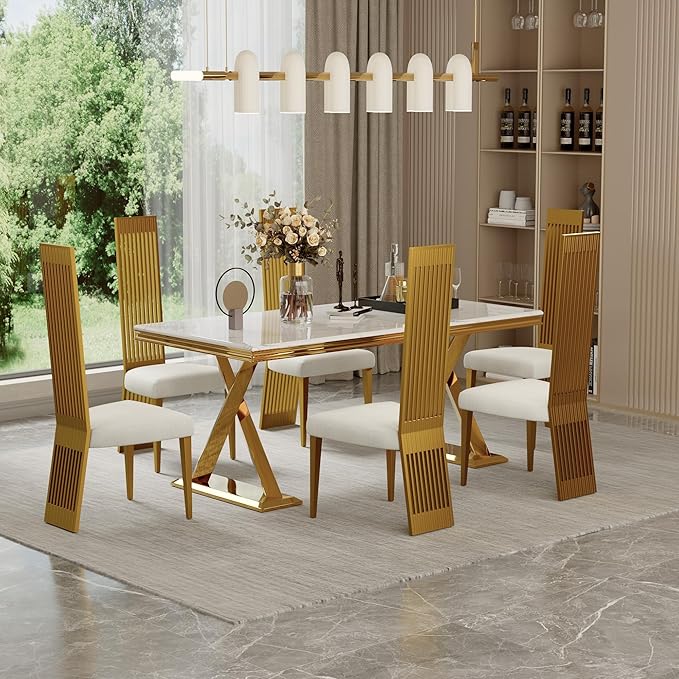 White and Gold Dining Chairs Set of 10, Upholstered Dining Room Chairs, Modern Luxury Chairs with High Back and Brushed Gold Metal Legs for Kitchen/Living Room/Restaurant