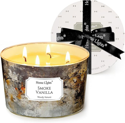 HomeLights Large jar Candle | 4-Wick Long-Lasting Scented Candles, 18oz Natural Soy Wax Candle for Home Scented, Industrial Chic Gifts for Women & Men, Smoke Vanilla