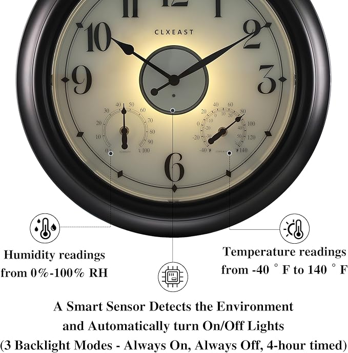 CLXEAST Illuminated Indoor Outdoor Clocks Waterproof 18 inch with Smart Night Light Sensor,Large Wall Clock with Thermometer & Hygrometer,Oil Rubbed Bronze Black,House Warming Gifts New Home