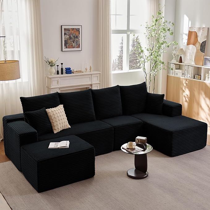 135" U-Shape Cloud Couch, Modern Modular Sectional Comfy L-Shape Sofa with Ottoman, Deep Seat, Upholstered Corduroy Sleeper Chaise Longue for Living Room Bedroom, No Assembly Required, Black