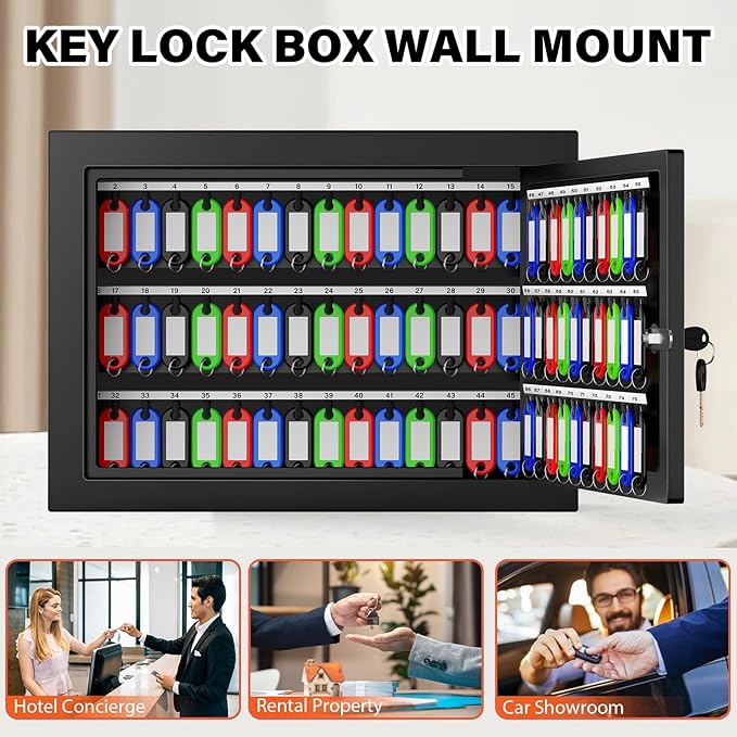 75 Keys Key Lock Box Wall Mount with 75 Colored Key Tags, Anti-Theft Key Box Key Cabinet with Side Opening, Key Organizer Key Safe for Home Office Garage Rental Business