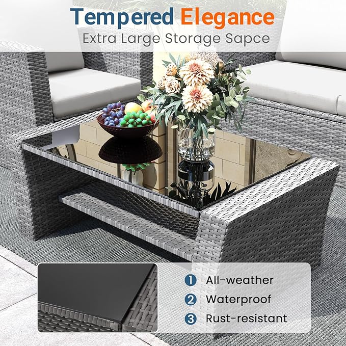 Wisteria Lane 4 Piece Patio Furniture Set, Wicker Outdoor Patio Conversation Furniture Set, All Weather Outdoor Patio Sofa with Cushion and Glass Table, Grey