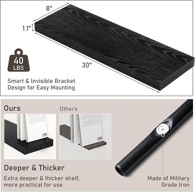 Fun Memories Floating Shelves - 2 Pack 30 Inch Long Rustic Wooden Wall Shelves - 8 Inch Deep Wall Mounted Storage Shelf with Invisible Heavy-Duty Brackets for Books, Bathroom, Kitchen - Black