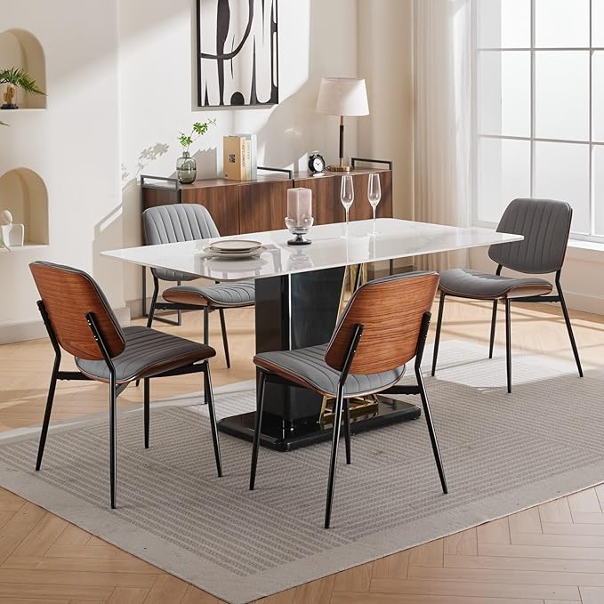 Dining Chairs Set of 4, Mid Century Modern Accent Dining Room and Kitchen Chairs, Upholstered PU Leather Vertical Stripe Chairs for Vanity with Walnut Bentwood and Metal Legs, Gray