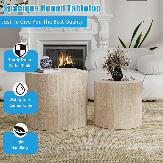Nesting Coffee Table Set of 2, Modern Round Coffee Table with Non-Slip Feet, Wooden Circle Accent Tables for Small Spaces Living Room Bedroom Balcony Office Drum Side Table (C Travertine)