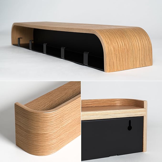 Kazai. Wall-Mounted Coat Rack 'Toke' - Modern Design Coat Rack with Hidden Wall Hooks - Solid Wood Veneer Panel Coat Hanger - Oak