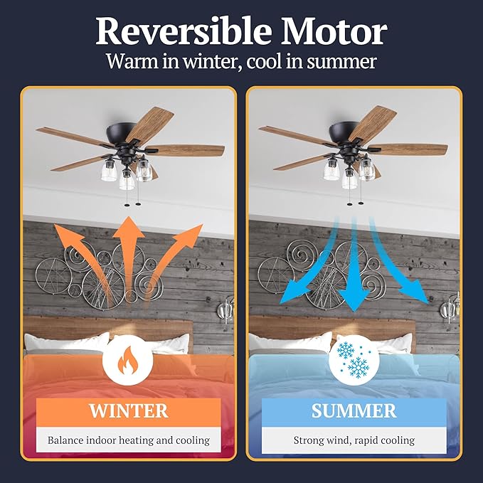 Prominence Home Arthur, 52 inch Industrial Farmhouse Flush Mount LED Ceiling Fan with Light, Pull Chain, Three Mounting Options, Dual Finish Blades, Reversible Motor - 51486-01 (Espresso)