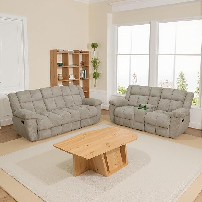 Manual Recliner Sofa Set,Microfiber Reclining Couch Set,Modern Living Room Furniture Set,Reclining Sofa Couch Chair for Living Room Home Office(Beige,Sofa+Loveseat)