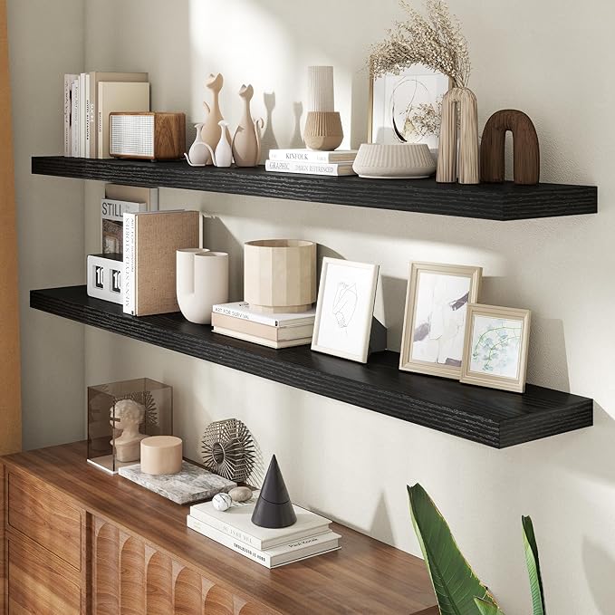 72 Inch Floating Shelves for Wall, 8 Inch Deep Floating Shelf for Storage & Display, Rustic Wall Mounted Shelf with Invisible Brackets for Living Room, Kitchen, Bathroom, Home Decor, Set of 2, Black