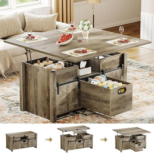 40" Farmhouse Lift Top Coffee Table with Sliding Barn Door,4 in 1 Multi-Function Coffee Tables with Storage Drawers & Hidden Compartment,Converts to Dining Table for Living Room,Grey