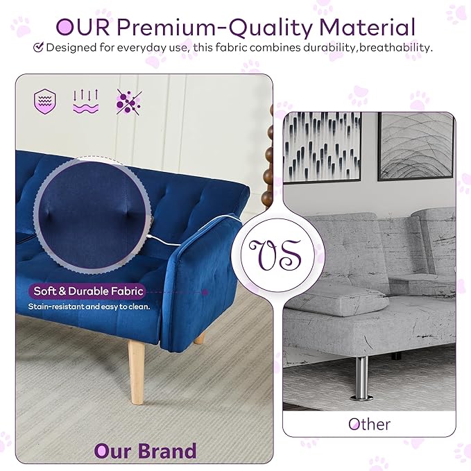 TYBOATLE 65" W Velvet Modern Convertible Folding Futon Couch Sofa Bed w/ 2 USB Charging Ports for Compact Living Space, Small Couches for Office, Dorm, RV Room, Apartment, Bedroom (Navy Blue)