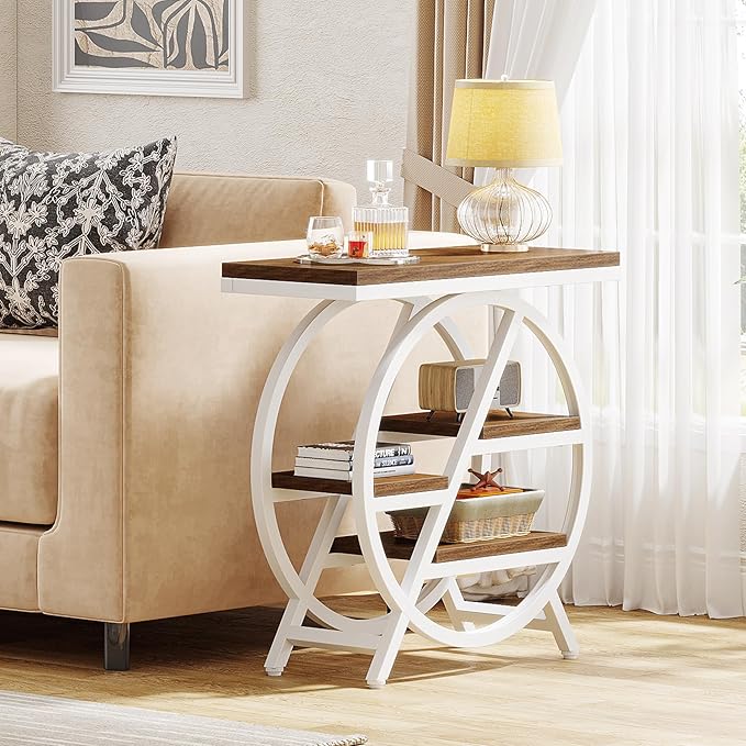 Tribesigns End Table Set of 2, 3-Tier Modern Narrow Side Table with Storage, Wood Sofa Side Table with Geometric Metal Frame, Nightstand and Bedside Table for Bedroom (Light Brown+White)