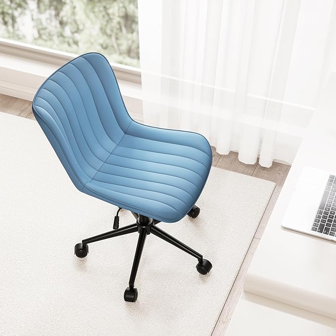 Kidol & Shellder Blue Leather Home Office Desk Chair with Wheels Modern Cute Armless Executive Swivel Vanity Chair with Comfy Padded Back Ergonomic Rolling Adjustable Computer Task Chair Small