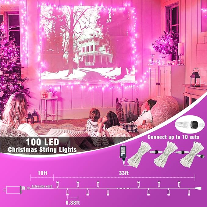 100 LED Pink String Lights, 33ft Pink Christmas Lights Outdoor 8 Modes Clear Wire, Plug in Waterproof Twinkle Fairy Lights for Bedroom Indoor Wedding Christmas Decorations