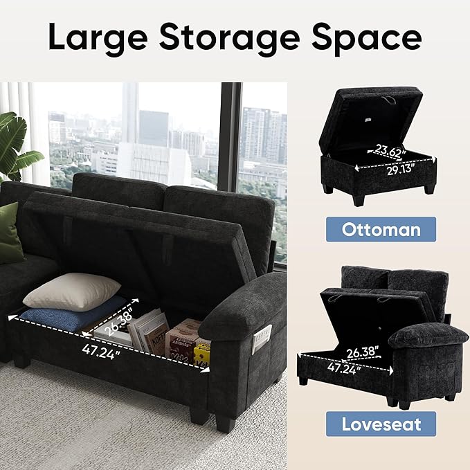 100" Modular Sectional Sleeper Sofa with Pull Out Bed,U Shaped 7 Seat Sectional Sofa with Storage,Modular Couch for Living Room,Deep Seat Couch with Removable Sofa Cover,Black