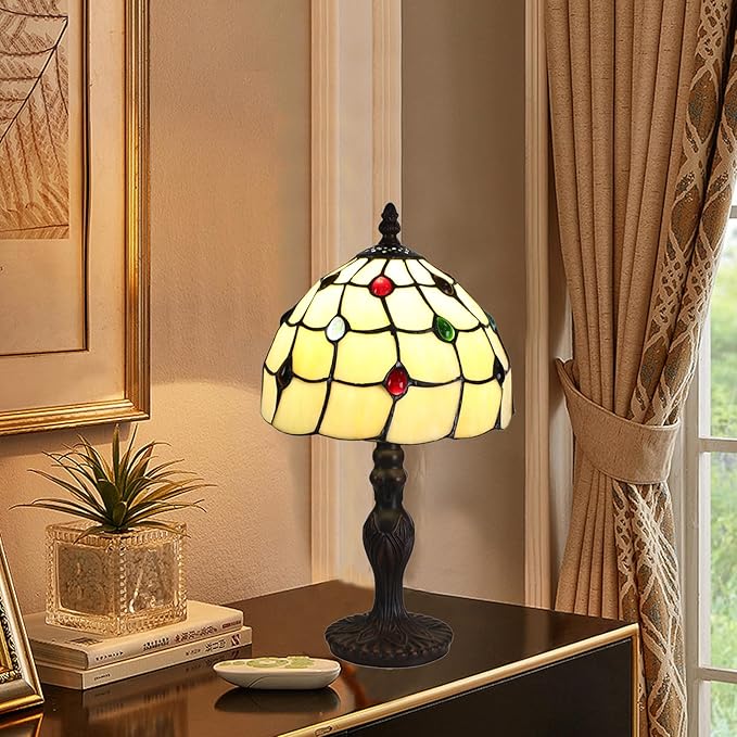 Tiffany Style Table Lamp, 8 Inch Stained Glass Lamp, Small Antique Bedside Lamp, for Nightstand Bedroom Living Room Home Office, Include LED E26 Bulb