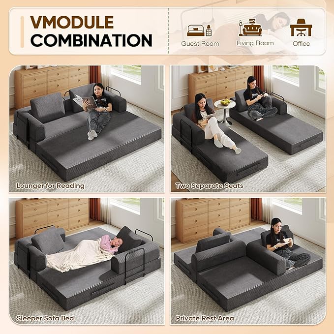 Antetek Convertible Sofa Bed, Comfy Corduroy Fluffy Love seat Sleeper Sofa, 5 in 1 Folding Couch Bed, Fold Out Floor Couch with Pillows for Bedroom, Living Room, Office, Pinstripe, Grey