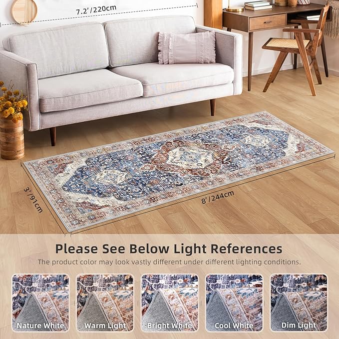 Boho Runner Rug 3x8 Low Pile Rug Runners for Hallway Kitchen Distressed Carpet Runner Rug Non-Slip Brown/Navy Blue