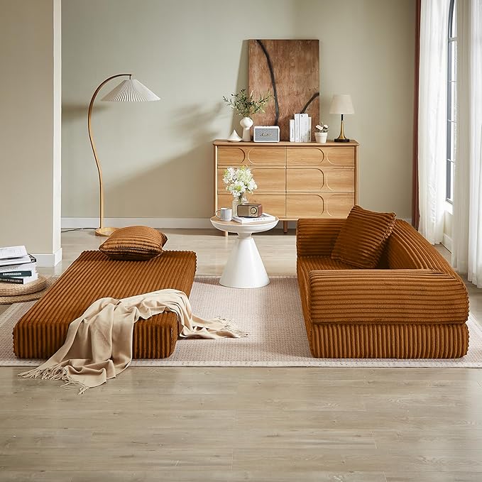 Boneless Couch Sofa Bed Sectional Couches for Living Room,Futon Cloud Couch with Sleeper Sofa,Sofas for Living Room Oversized Corduroy Upholstered (Orange)