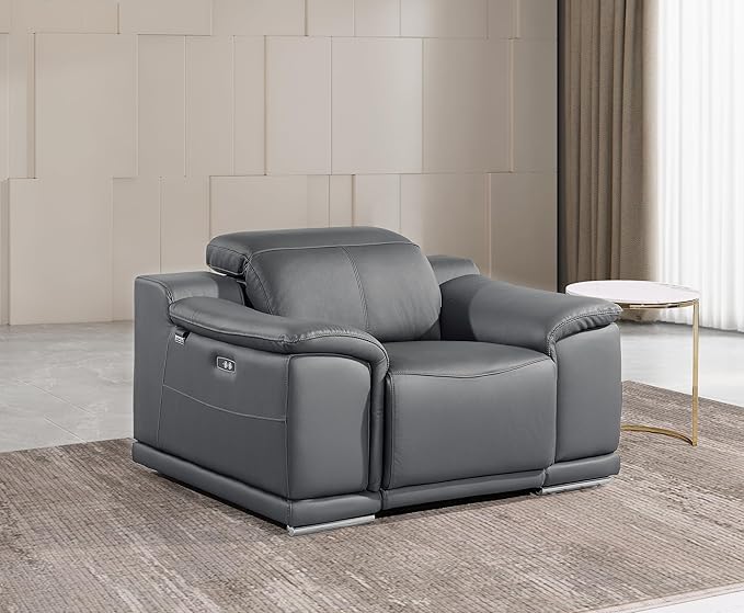 Blackjack Furniture Venice Top Grain Italian Leather Power Recliner Chair with Adjustable Headrest Modern Luxury Seating for Living Room Lounge, Dark Grey