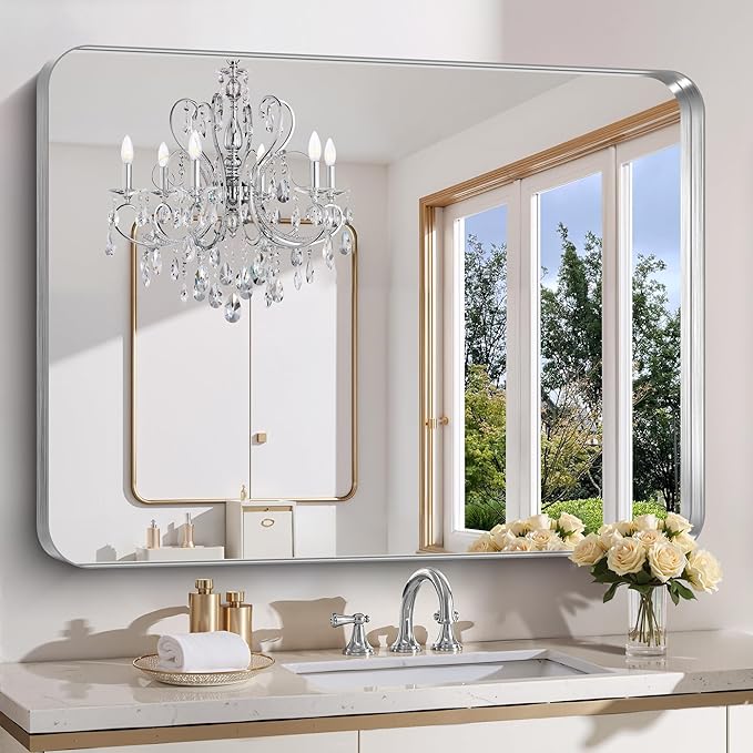 FORBATH 48x40 Inch Large Bathroom Mirror, Brushed Silver Deep Frame Wall Mirror with Rounded Corners, Anti-Rust Tempered Glass for Modern Farmhouse Vanity (Horizontal/Vertical)