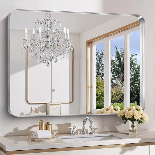 FORBATH 48x36 Inch Bathroom Mirror, Brushed Silver Deep Frame Wall Mirror with Rounded Corners, Anti-Rust Tempered Glass for Modern Farmhouse Vanity (Horizontal/Vertical Hanging)