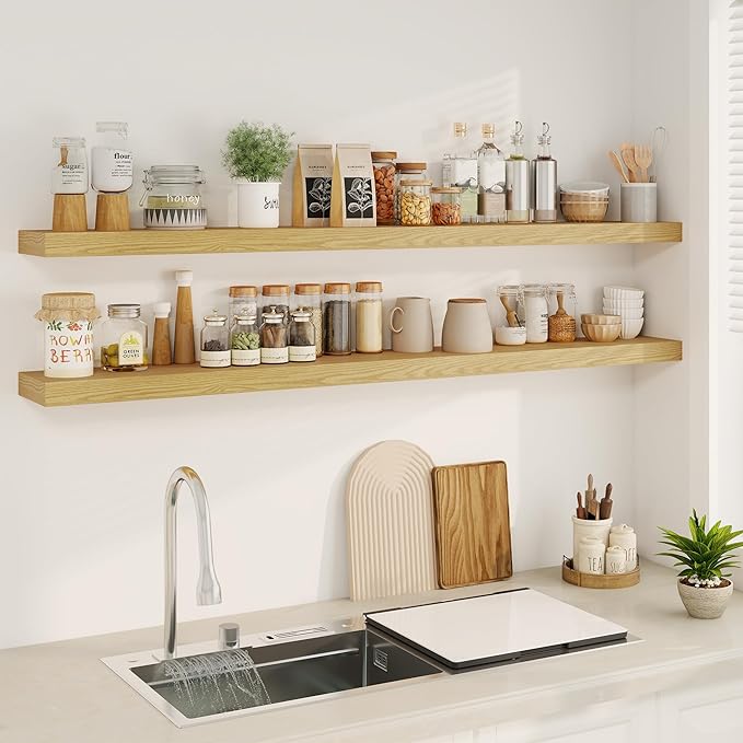 Fun Memories 66 Inch Fireplace Mantel - Long Floating Shelf, Wall Mounted Farmhouse Display with Invisible Heavy Duty Metal Bracket, Oak, 2 Pack