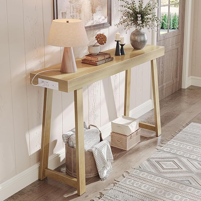Huuger Entryway Console Table with Charging Station, USB-C Port, 47.2 Inch Sofa Table with Metal Legs, Entry Hallway Table with Thicker Desktop, Modern Behind Couch Table, Natural